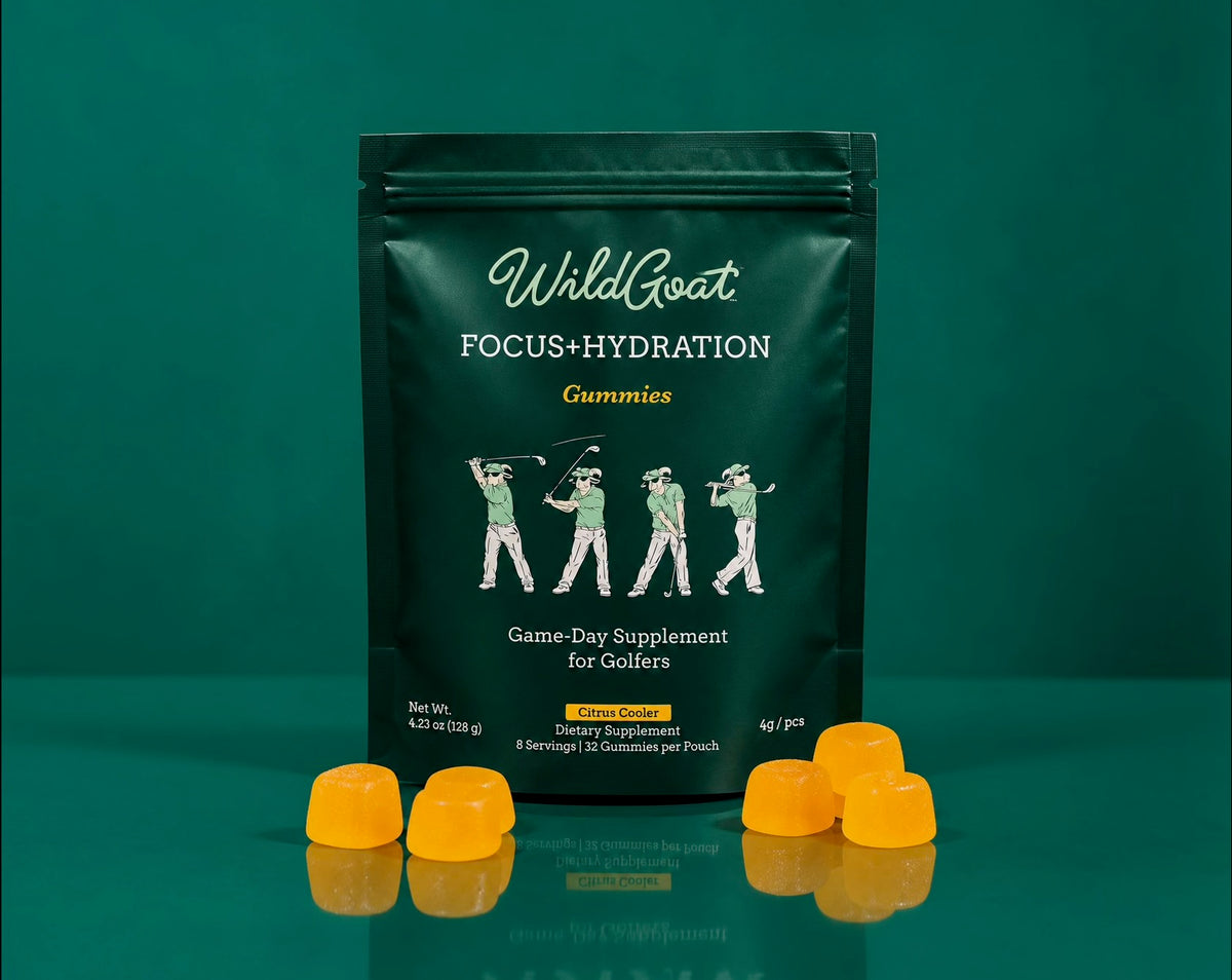 WildGoat Focus + Hydration gummies on a mountain golf course