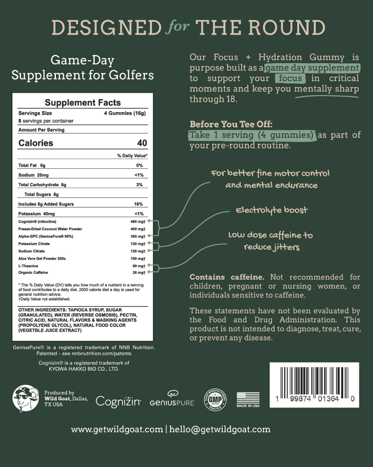Back label of a supplement for golfers with text and supplement facts panel on a green background.