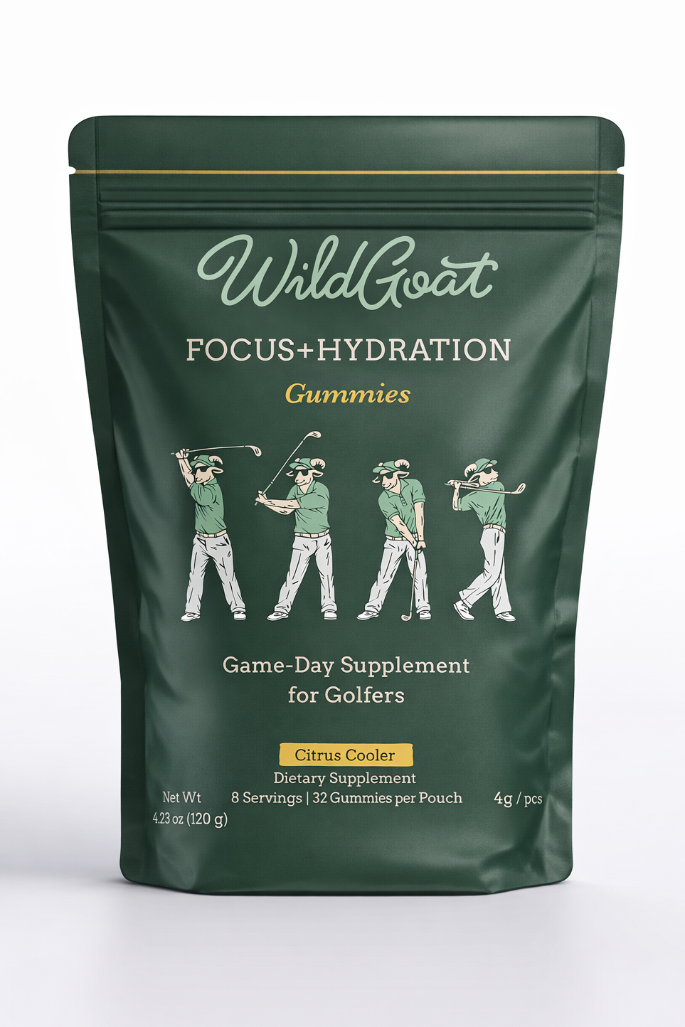 Green package of WildGoat Focus + Hydration Gummies for golfers on a white background